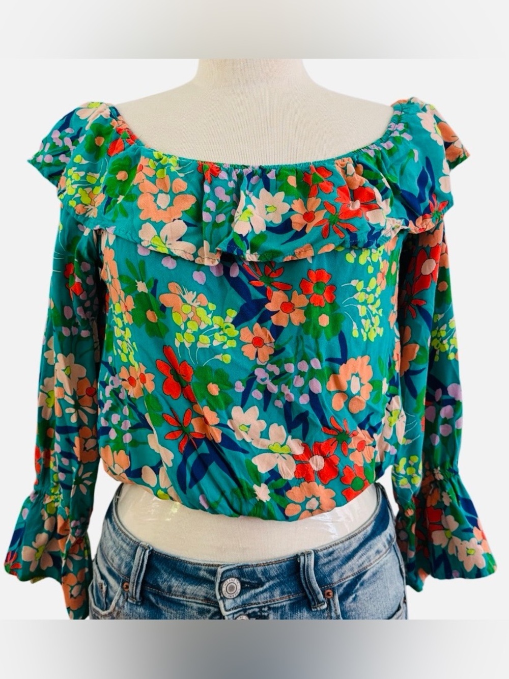 ANDREE BY UNIT Teal Floral Off-Shoulder Ruffle Blouse